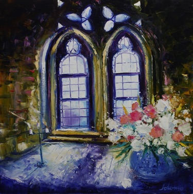 Flowers and candles in an Iona Abbey window 30x30